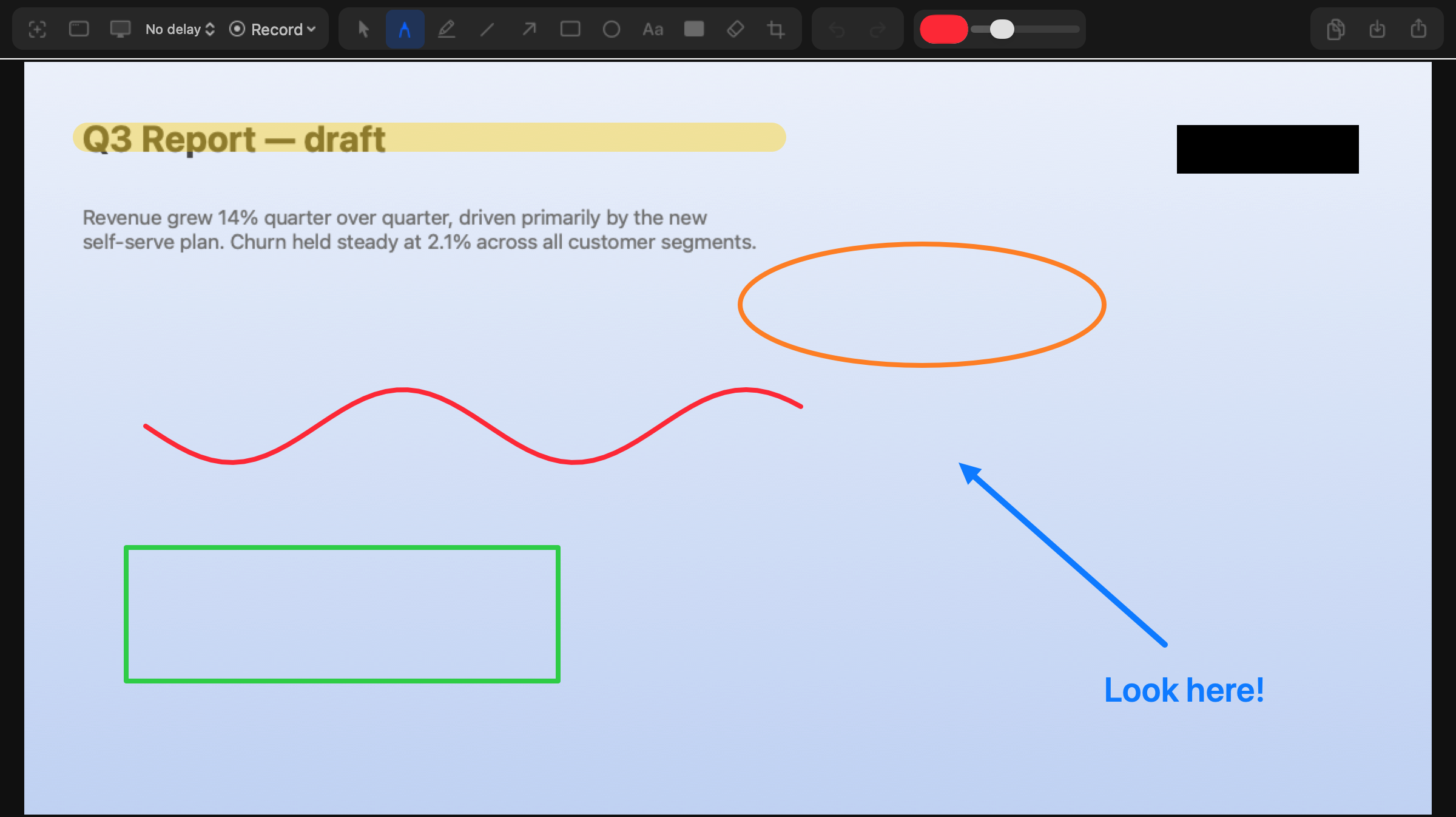 SnippySnip annotation editor with a captured screenshot marked up using highlighter, arrows, shapes, text, and redaction