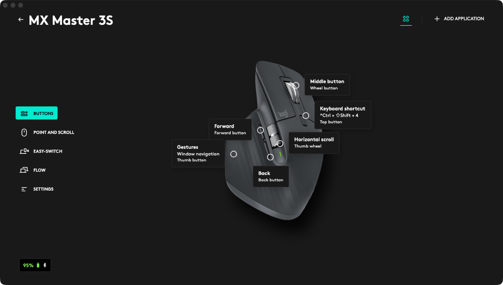 Logi Options+ Buttons view — the Top button behind the scroll wheel bound to Ctrl-Shift-4