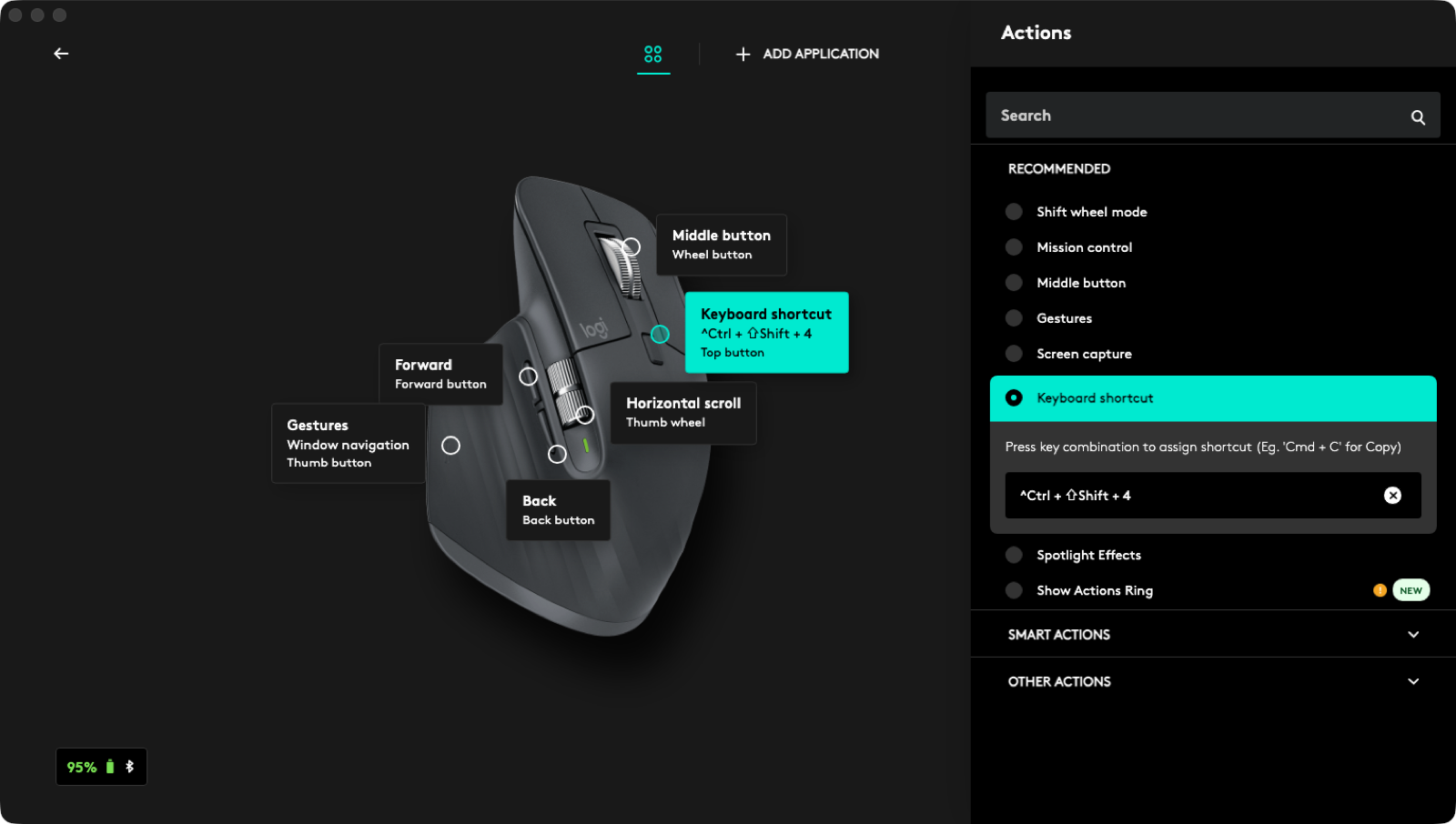 Logi Options+ Actions panel with Keyboard shortcut selected and Ctrl-Shift-4 recorded