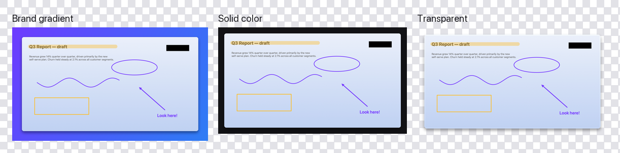 The same screenshot on three backdrops: brand gradient, solid color, and transparent