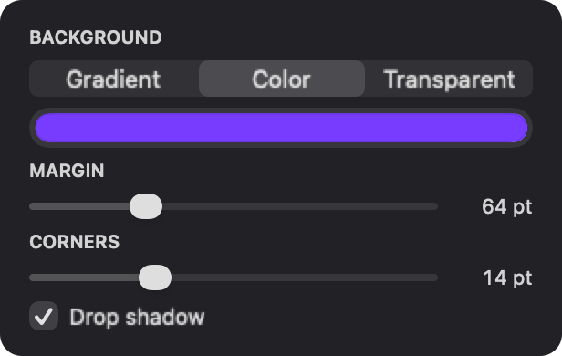 The Backdrop options panel: Background set to Color, with Gradient and Transparent alongside, a margin slider, a corners slider, and a drop-shadow checkbox