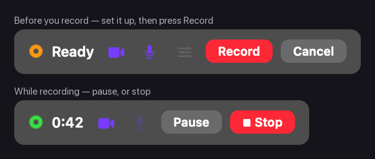 The Snippy Snip recording controls, first ready to record and then recording with pause and stop