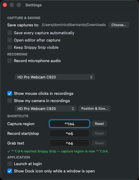 Settings › Shortcuts after a confirmed rebind: a green line reads ‘⌃⌥⇧4 reached Snippy Snip — capture region is now ⌃⌥⇧4.’
