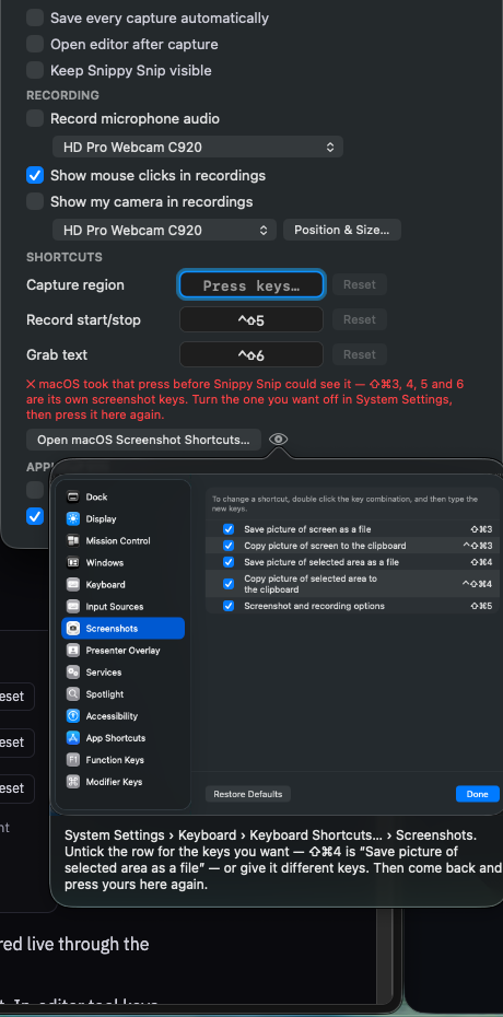 The eye button next to ‘Open macOS Screenshot Shortcuts…’ shows a picture of the macOS pane and which row to untick