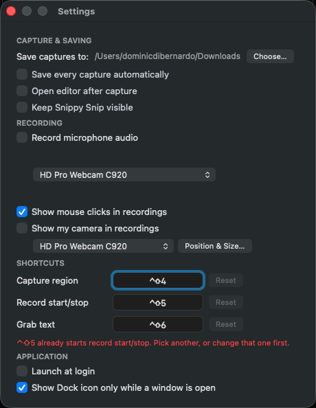 Settings › Shortcuts refusing a duplicate: a red line reads ‘⌃⇧5 already starts record start/stop. Pick another, or change that one first.’