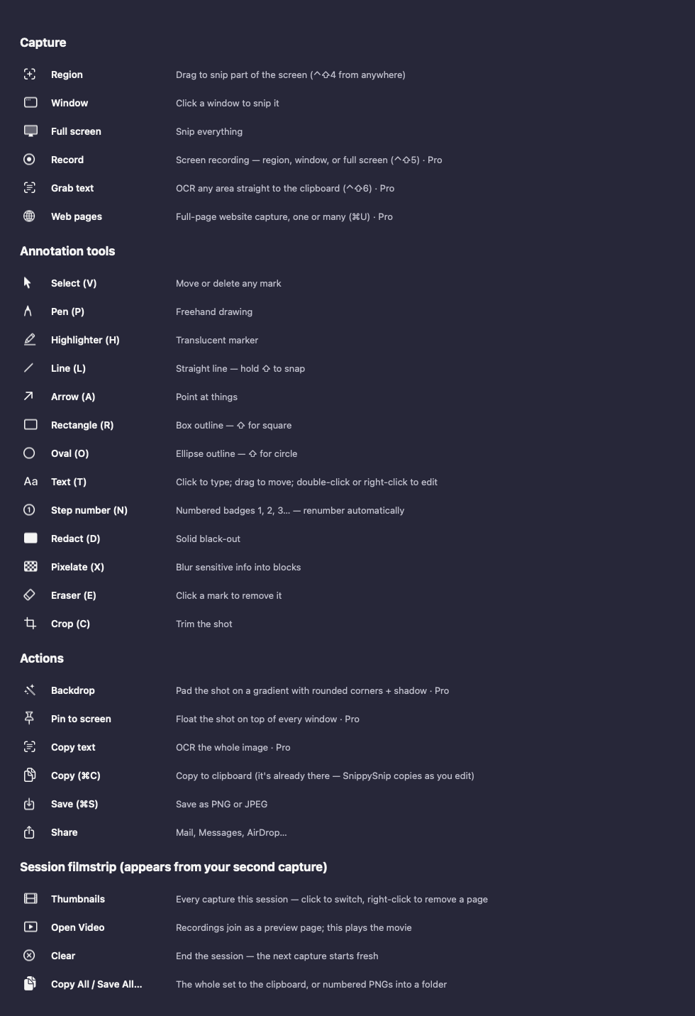 Legend of every SnippySnip toolbar icon and what it does