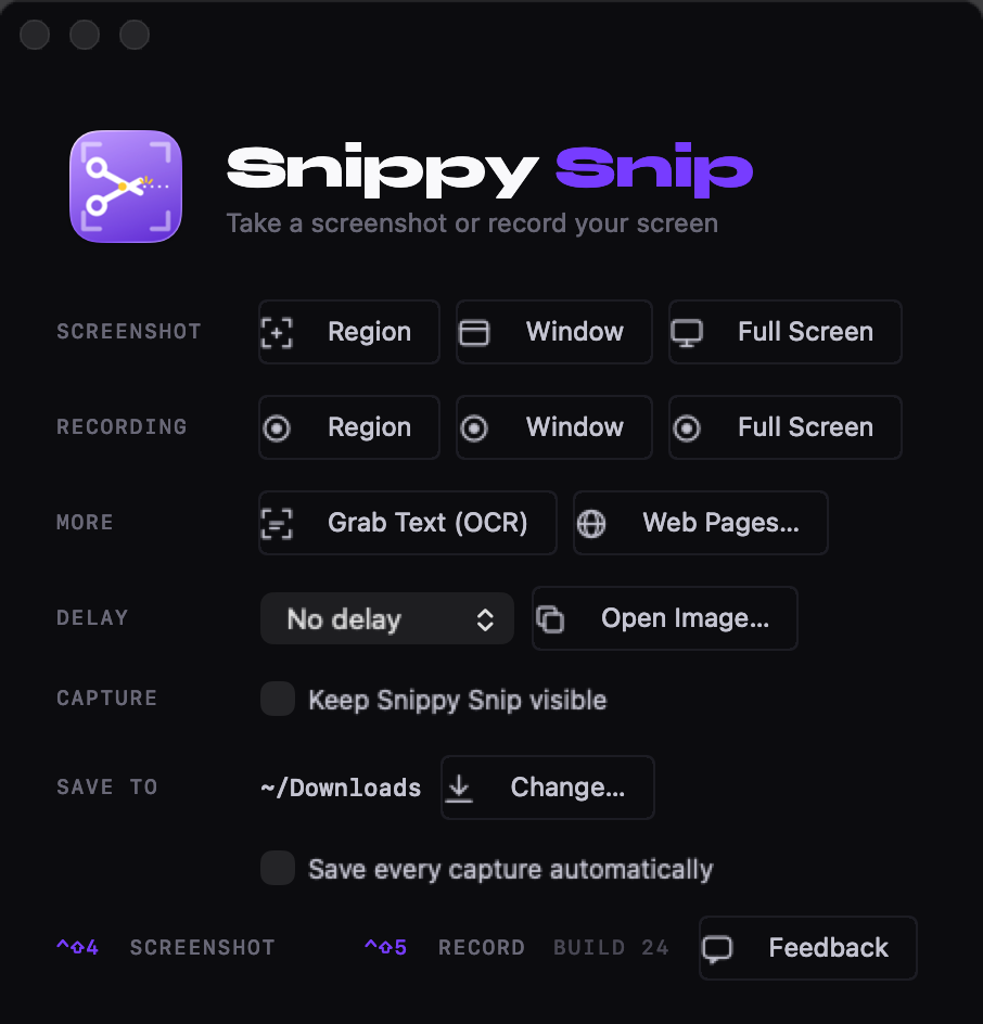 The Snippy Snip start window: capture modes, save location, and keyboard shortcuts